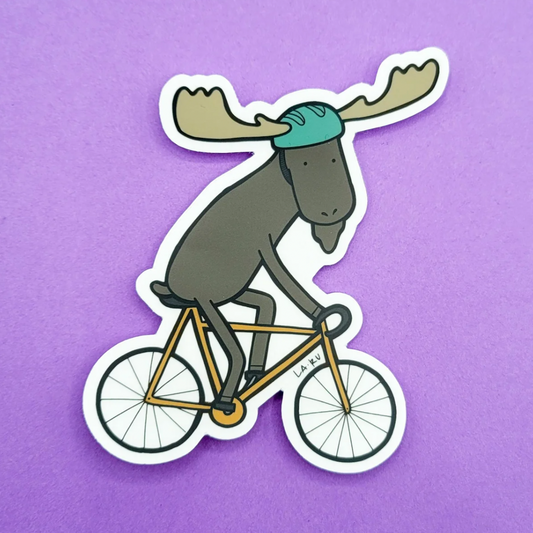 Moose on a Bike Sticker by La Ru on a purple background