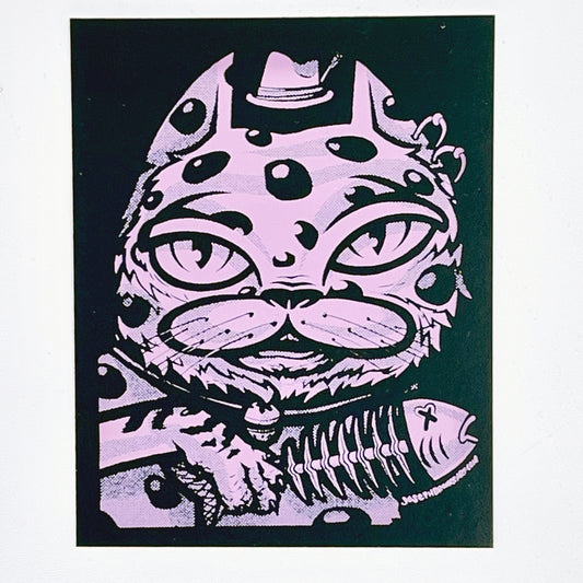 Pink & Black Cat with Fish Vinyl Sticker