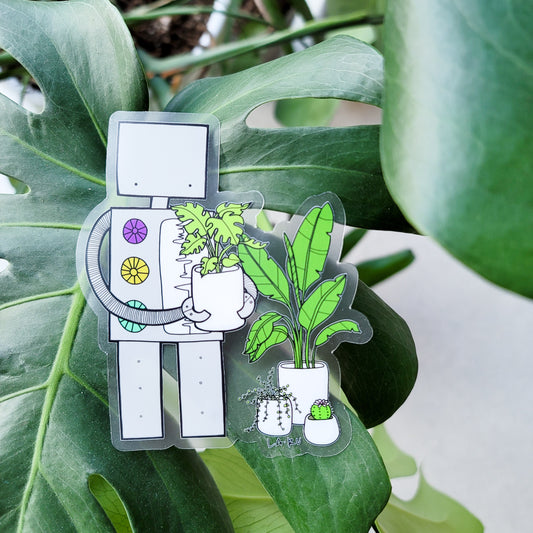 Robot Loves Plants Transparent Vinyl Sticker